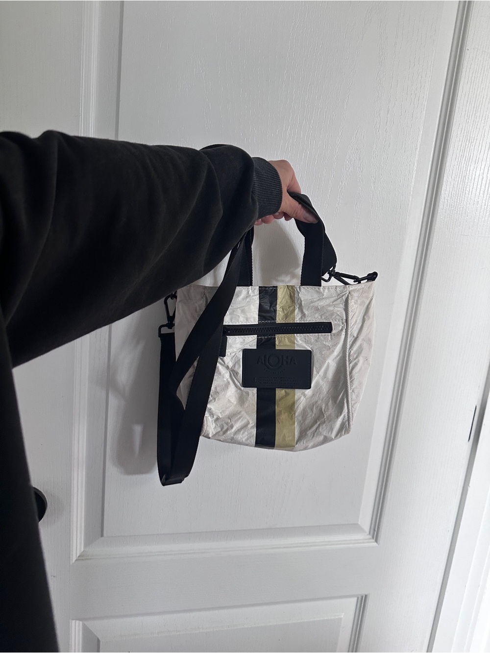 Aloha collection le voyager Cream Crossbody Tote with gold and Black Stripe